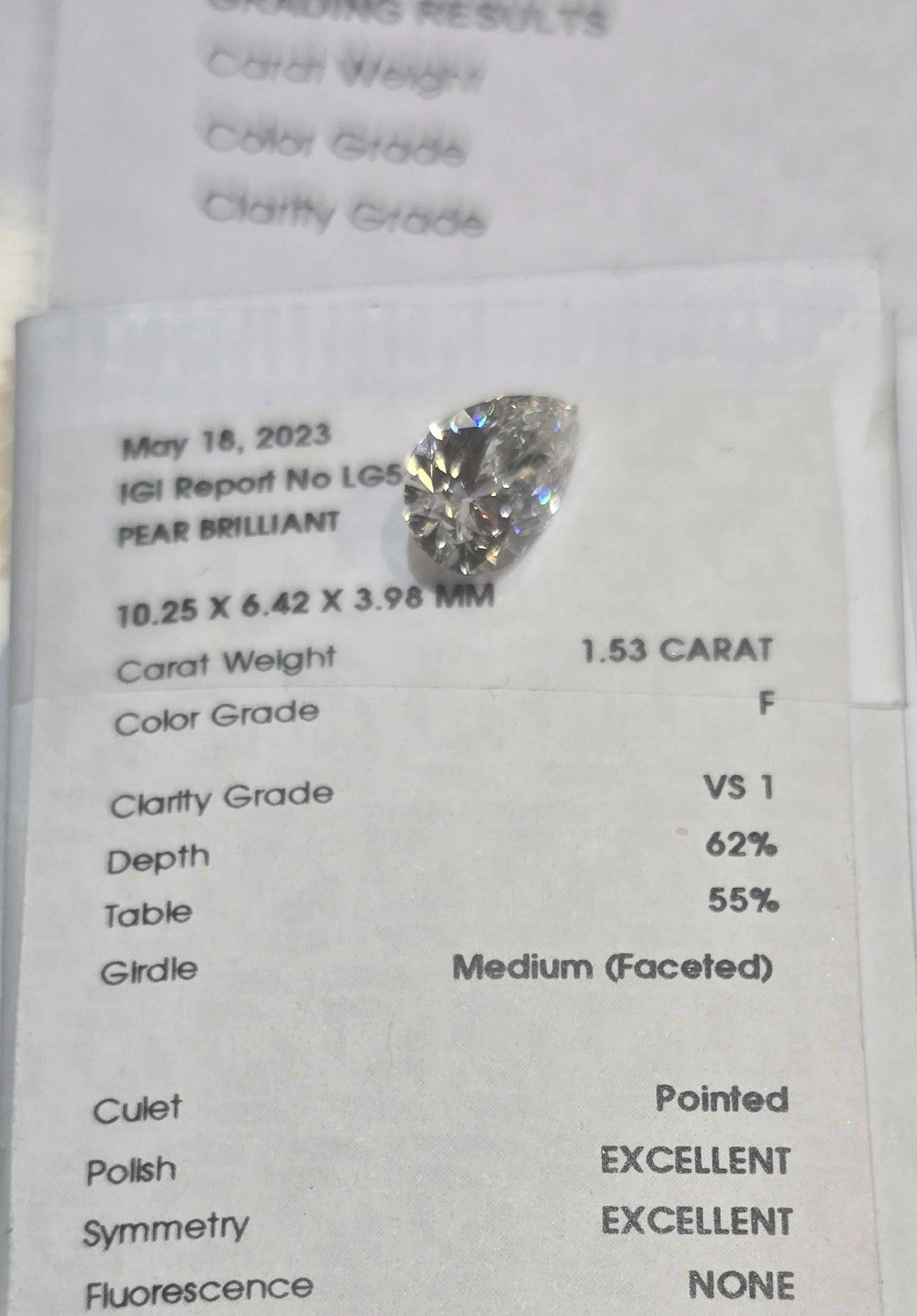 1.53 Ct. Pear Shaped Laboratory Grown Diamond VS1 F Color IGI Certified