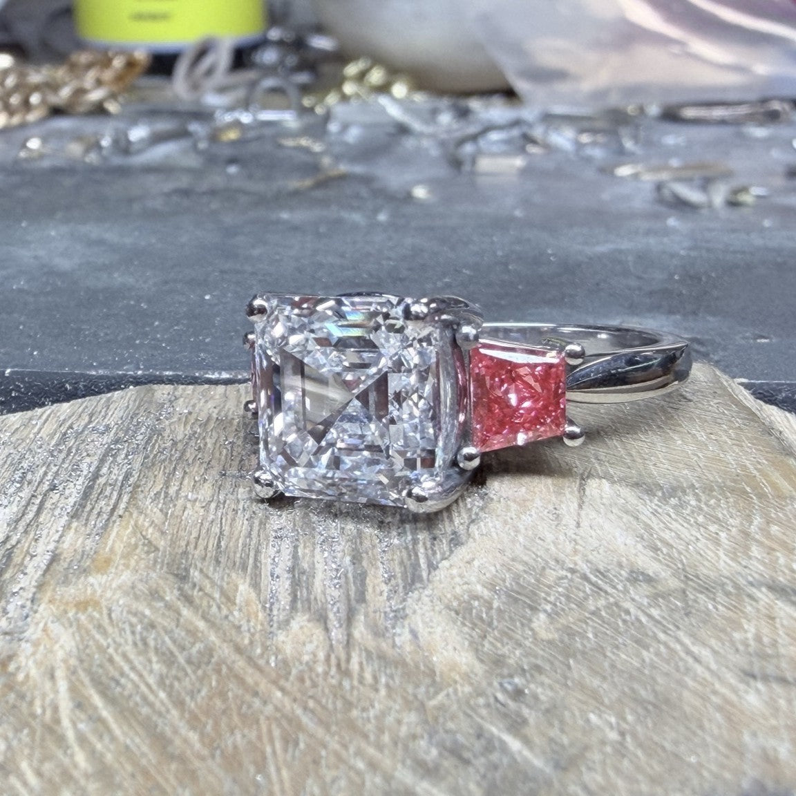 5.00 CT Asscher Cut Lab Grown Diamond Ring with 1.00 CT Vivid Pink in Platinum