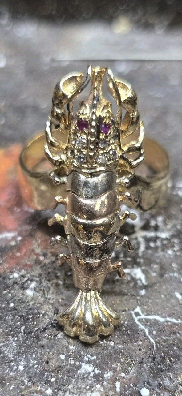 14K Tri-Color Gold Diamond & Ruby Lobster Ring