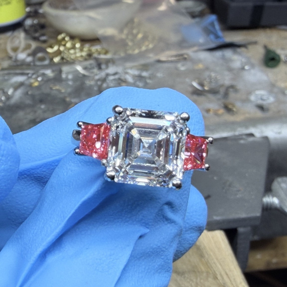 5.00 CT Asscher Cut Lab Grown Diamond Ring with 1.00 CT Vivid Pink in Platinum