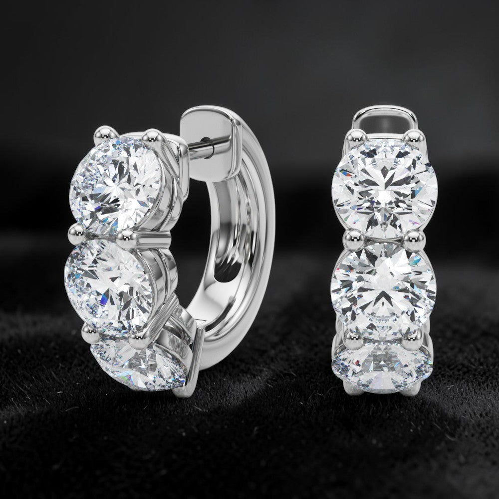 .960 CTW Lab Grown Diamond 3 Stone Huggie Hoop Earrings VS1 D-F 14K Gold