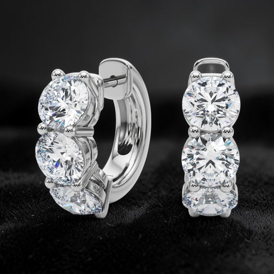 .960 CTW Lab Grown Diamond 3 Stone Huggie Hoop Earrings VS1 D-F 14K Gold