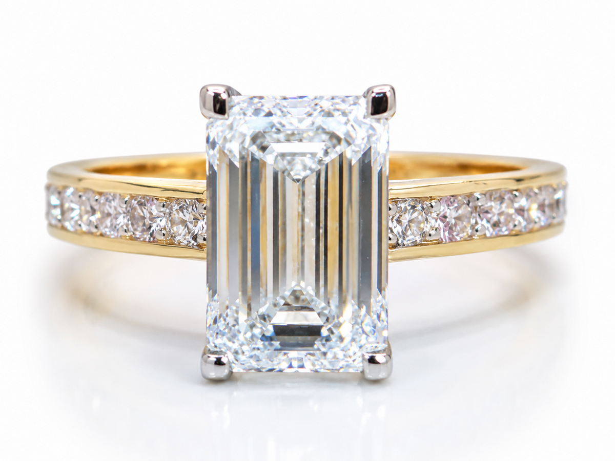 3.01ct Emerald Cut Lab Grown Dia. Ring E VVS2 14K Yellow Gold 0.32CTW Accent 