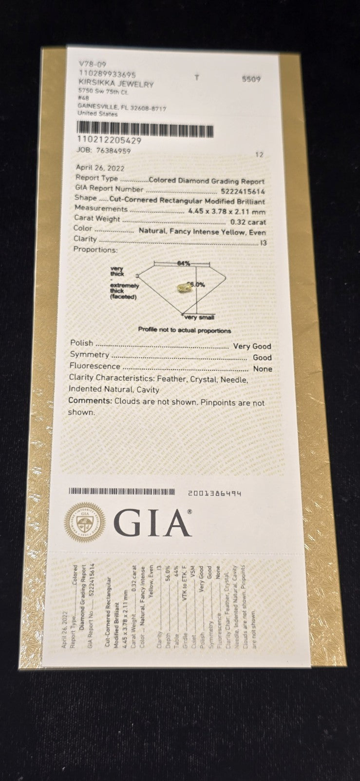 GIA 0.32 Ct Natural Fancy Intense Yellow Diamond Radiant Cut I3 Certified