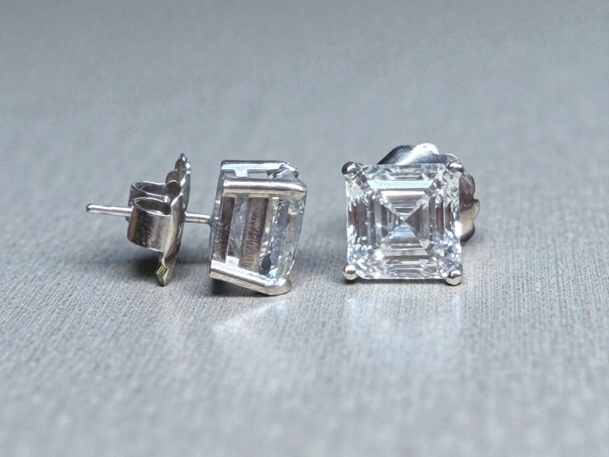 6.11 CTW Asscher Square Emerald Cut Lab Grown Diamond Stud Earrings in 14K White