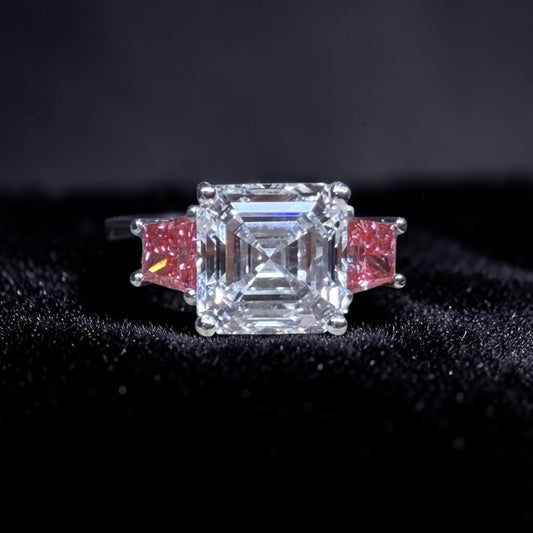 5.00 CT Asscher Cut Lab Grown Diamond Ring with 1.00 CT Vivid Pink in Platinum