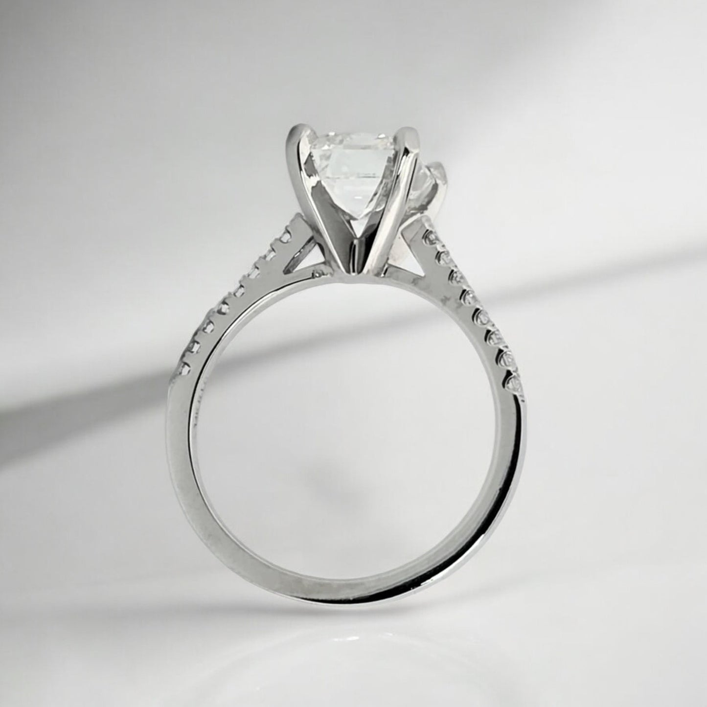 3.09 F VS1 Emerald Cut Lab Grown Diamond Ring with 16 Round Brilliant Diamonds in 14k White Gold (Size 7.5, 2mm Band)