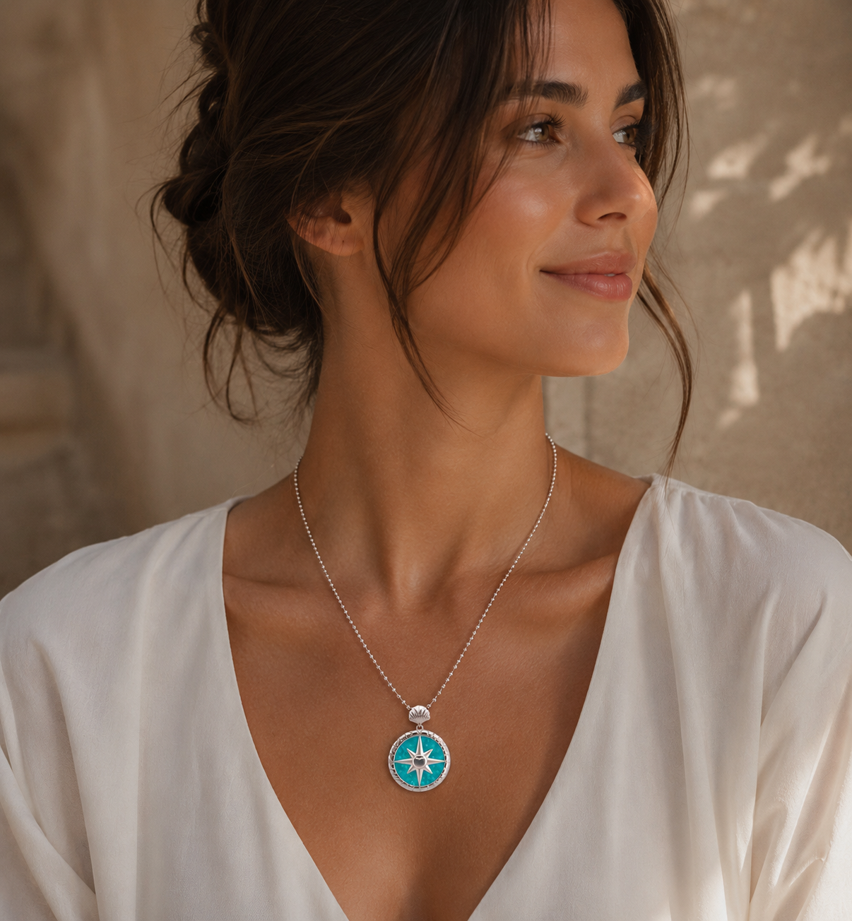 Sterling Sliver Aqua Murano Glass Compass necklace