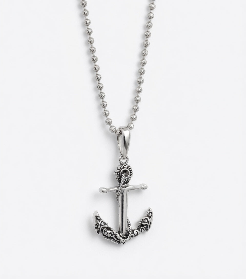 Sterling Silver Detailed Oxidized Anchor Pendant