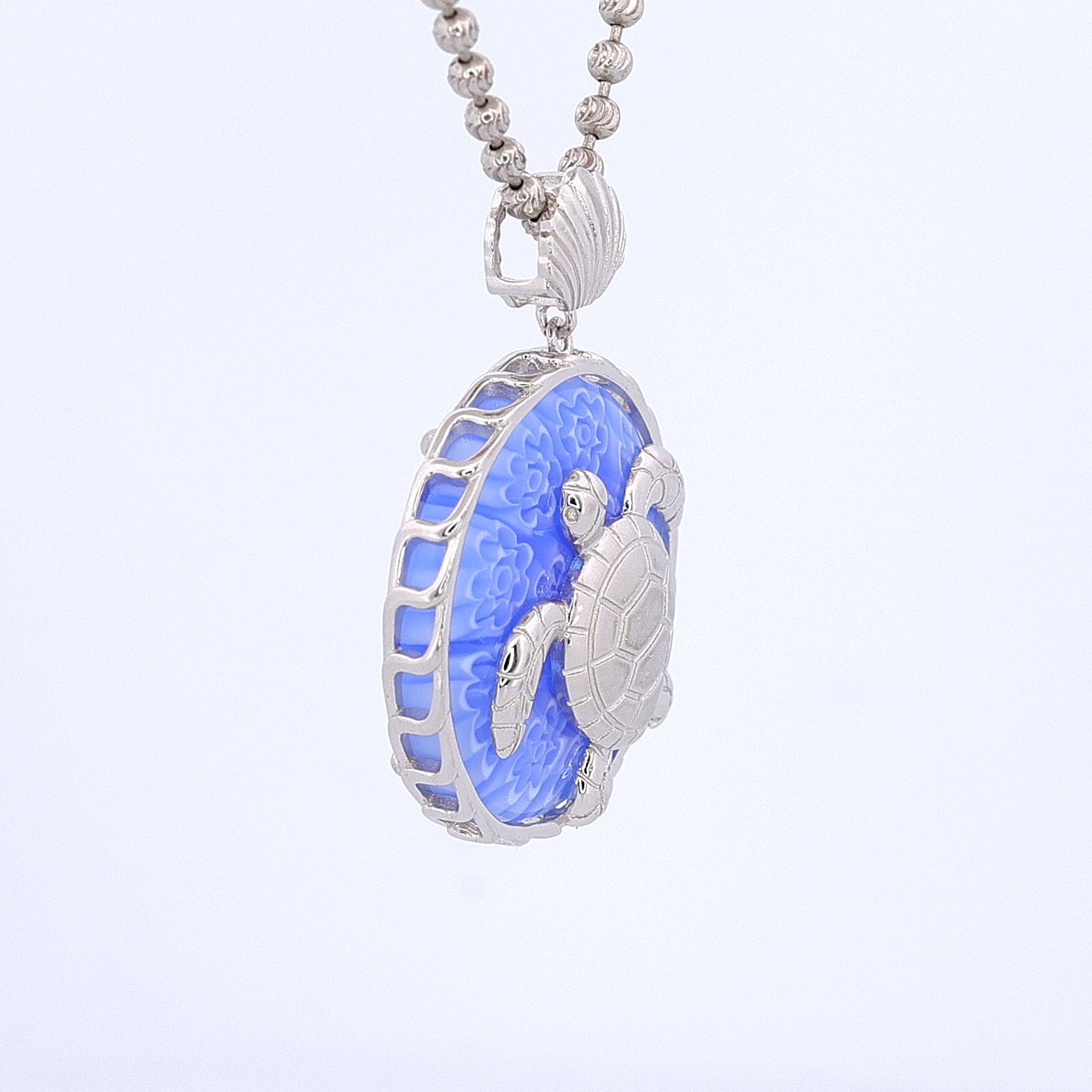 Sterling Silver Murano Blue Glass Turtle Necklace
