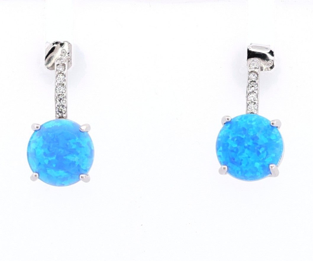 Sterling Silver CZ Bar Prong Round Blue Opal Earrings