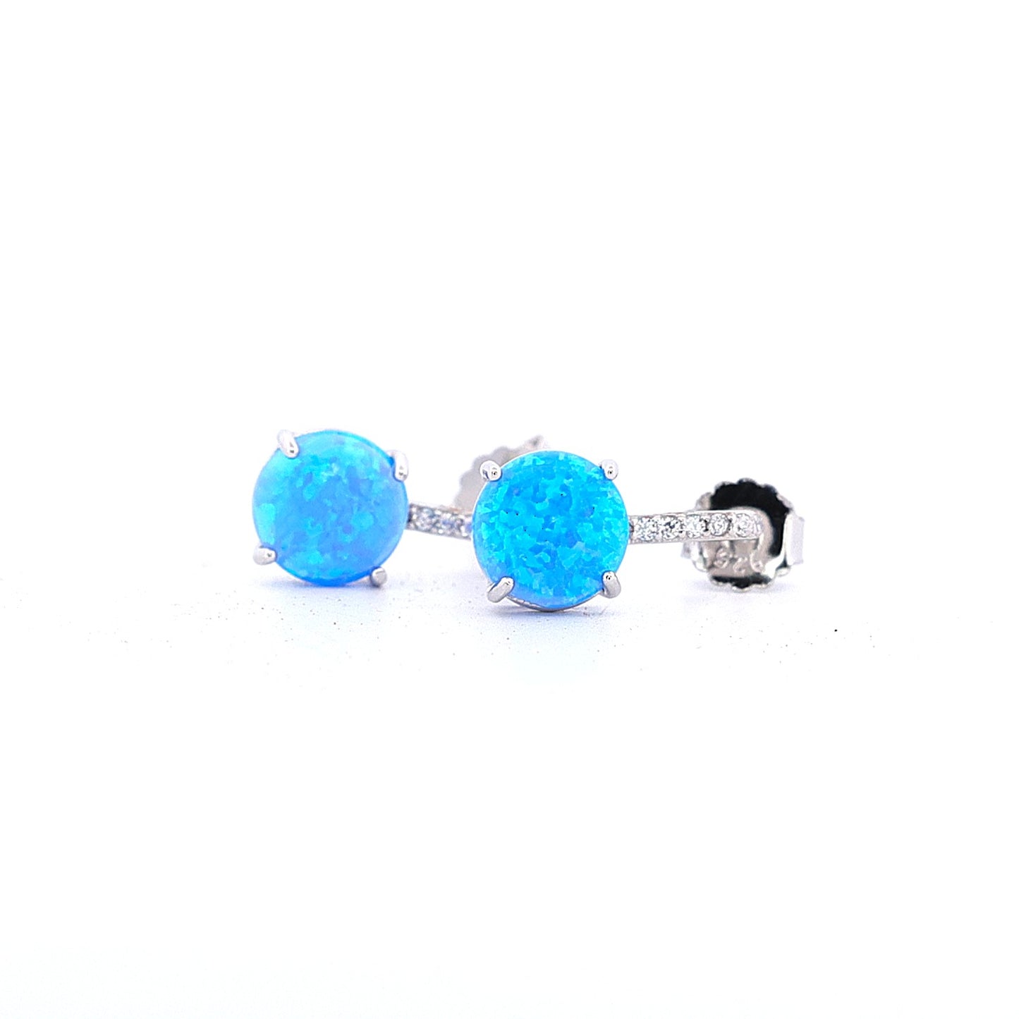 Sterling Silver CZ Bar Prong Round Blue Opal Earrings