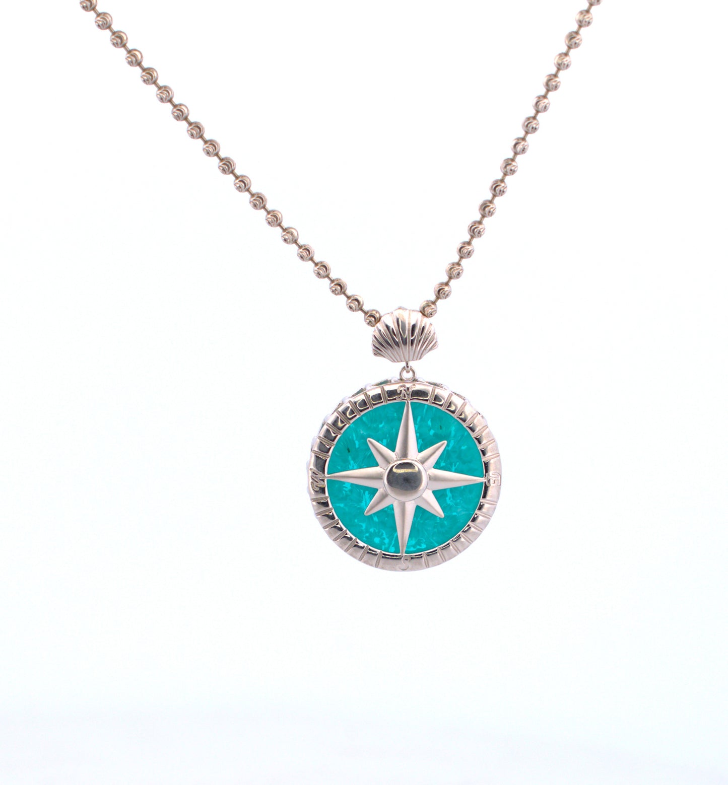 Sterling Sliver Aqua Murano Glass Compass necklace