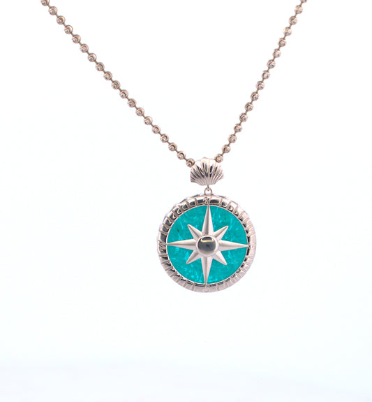 Sterling Sliver Aqua Murano Glass Compass necklace