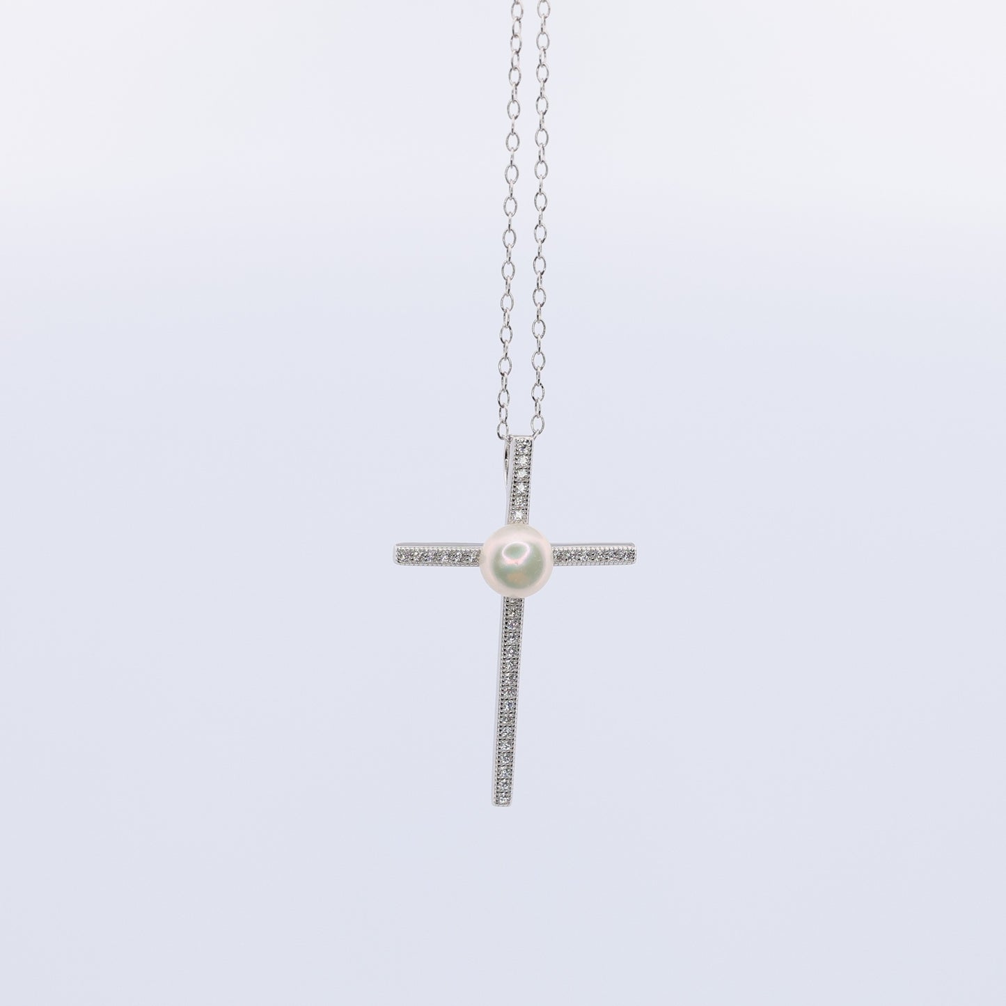 Sterling Silver Pearl and CZ Cross Necklace