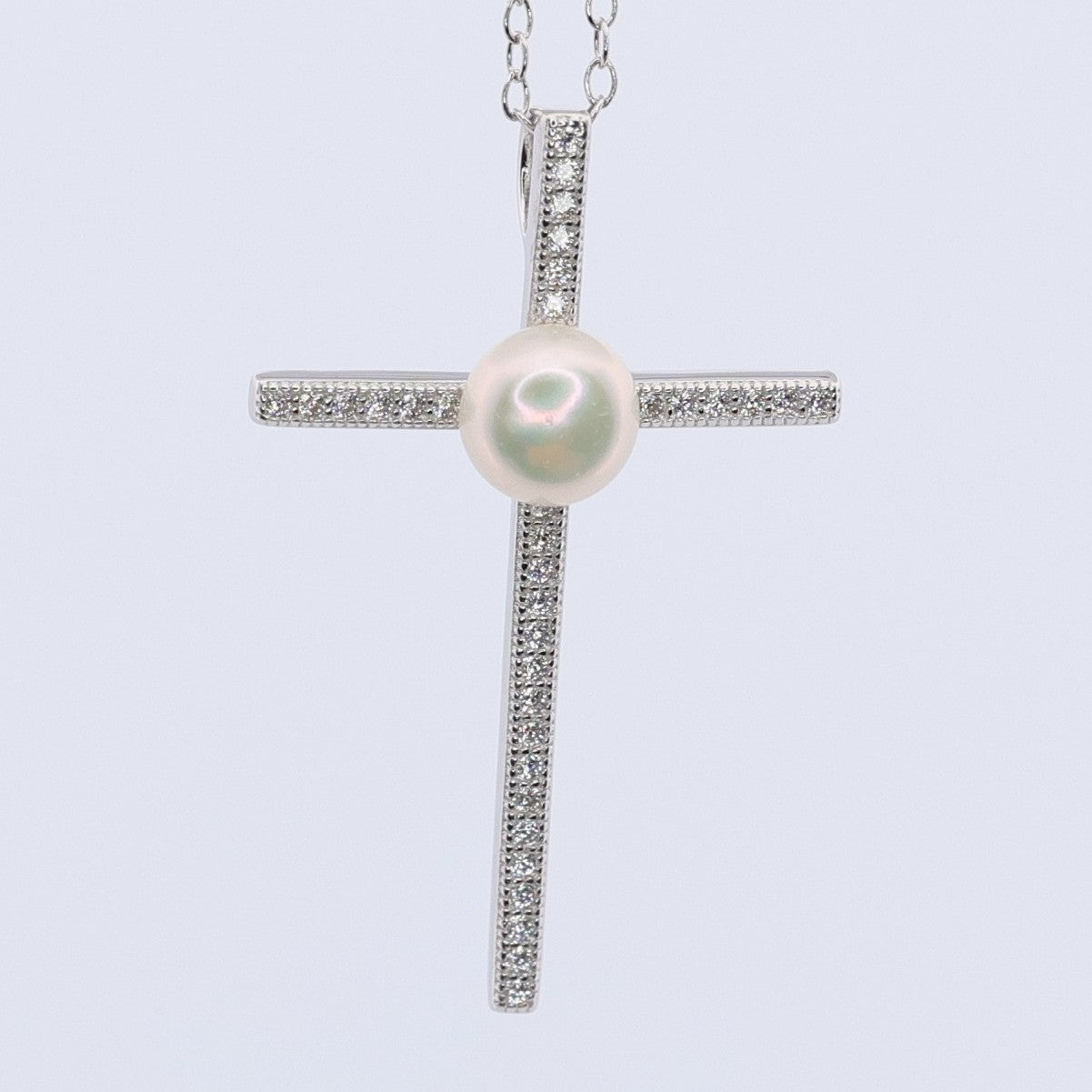 Sterling Silver Pearl and CZ Cross Necklace