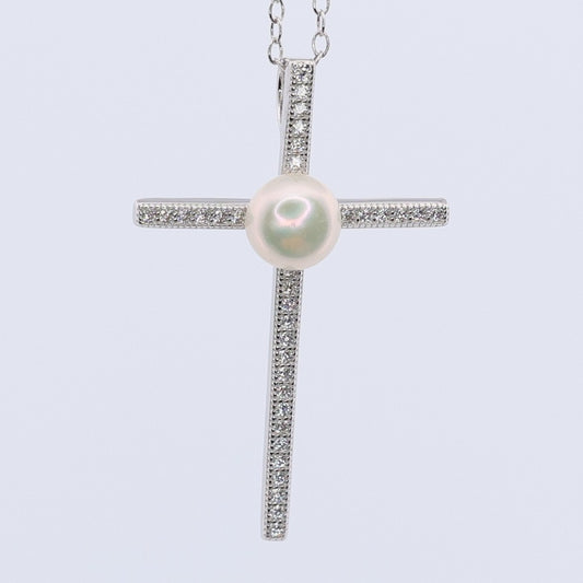 Sterling Silver Pearl and CZ Cross Necklace