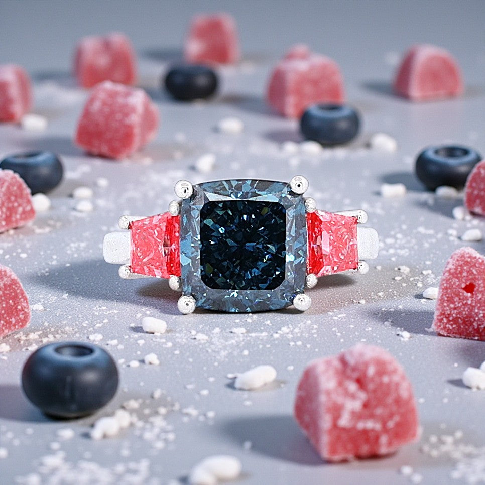 Watermelon Pink & Blueberry Blue Diamond Ring 5.18ct Fancy Vivid Blue Cushion with Fancy Vivid Pink Trapezoids in Platinum