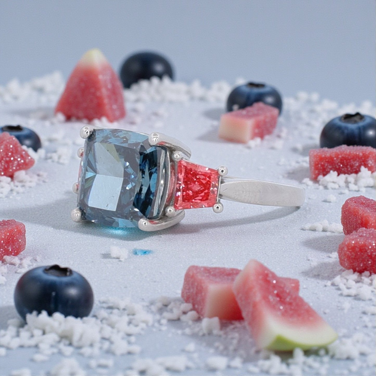 Watermelon Pink & Blueberry Blue Diamond Ring 5.18ct Fancy Vivid Blue Cushion with Fancy Vivid Pink Trapezoids in Platinum