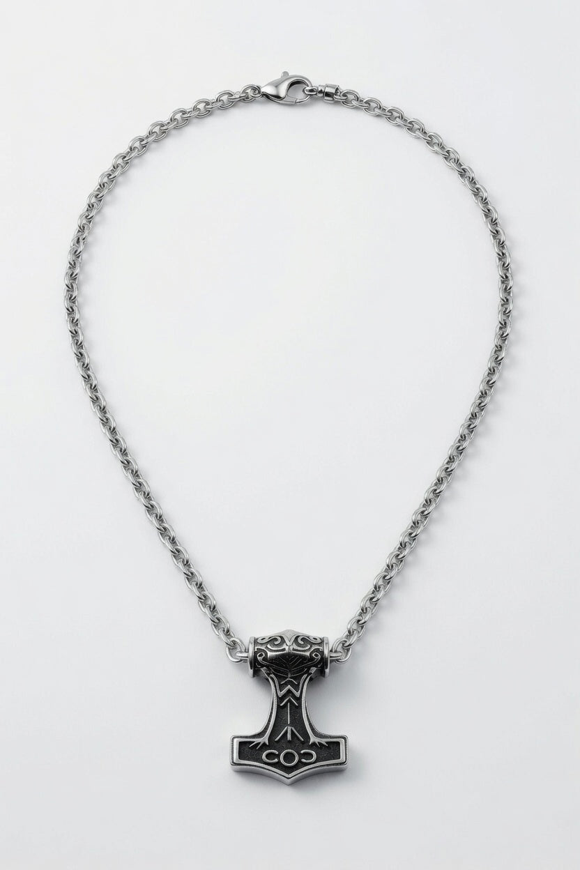 Sterling Silver 5.6 mm, 24in. French Cable chain with Thors Hammer pendant