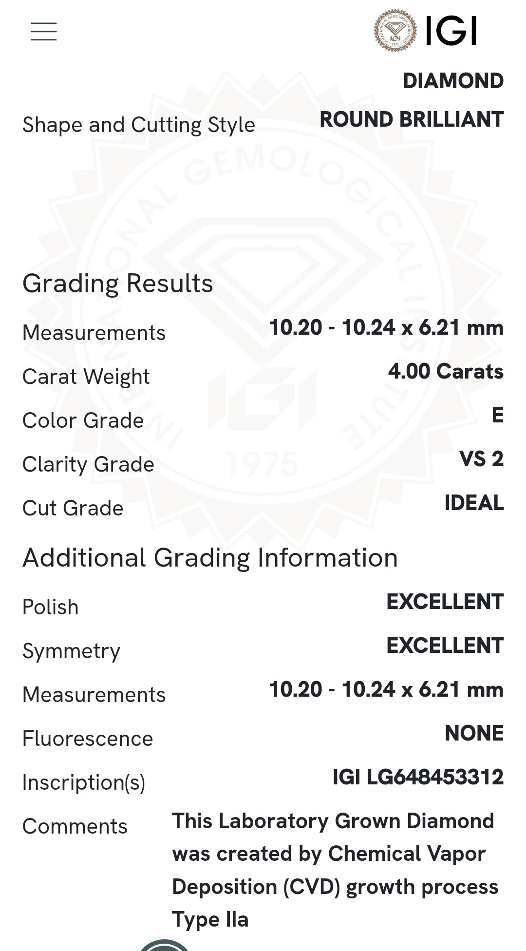 4 Carat Lab-Grown Diamond Solitaire Ring – IGI Certified, VS2 Clarity, G Color, 14k White Gold, Made in USA – Size 6.5