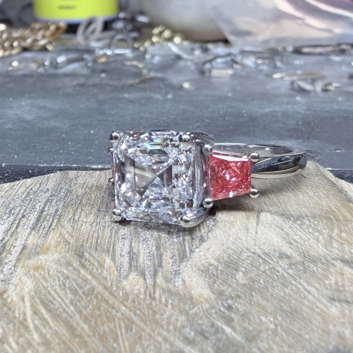 5.00 CT Asscher Cut Lab Grown Diamond Ring with 1.00 CT Vivid Pink in Platinum
