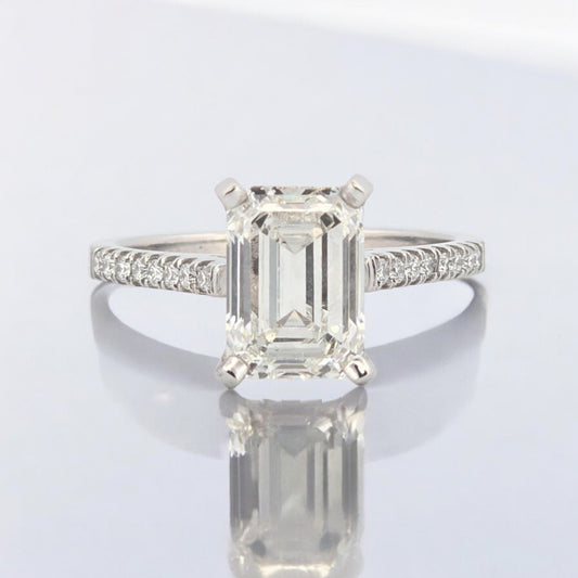 3.09 F VS1 Emerald Cut Lab Grown Diamond Ring with 16 Round Brilliant Diamonds in 14k White Gold (Size 7.5, 2mm Band)