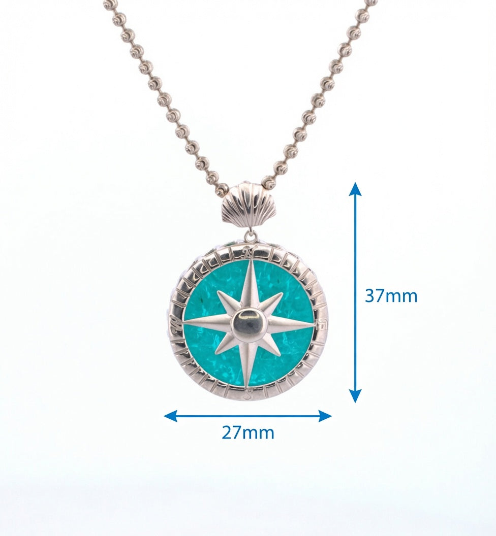 Sterling Sliver Aqua Murano Glass Compass necklace