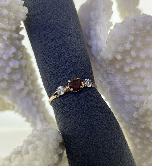 14k Yellow Gold CZ Ring Red Colored Stone