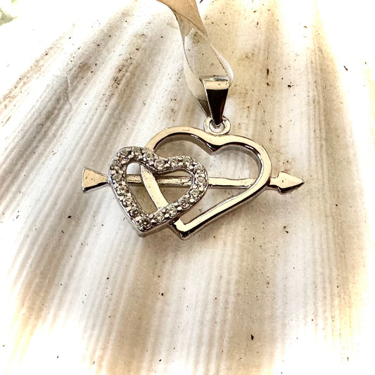925 Heart in Heart Pendant with Cupid's Arrow and Cubic Zirconia Accents Rhodium Plated