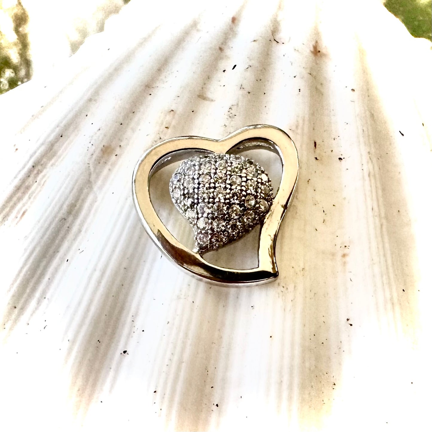 925 Sterling Silver Heart Inside of Heart Pendant with Cubic Zirconia Pave Rhodium Plated