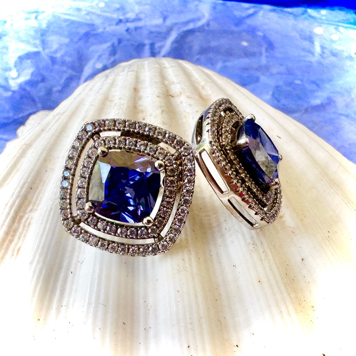 925 Sterling Silver Simulated Tanzanite Earrings in a Cubic Zirconia Double Halo Rhodium Plated