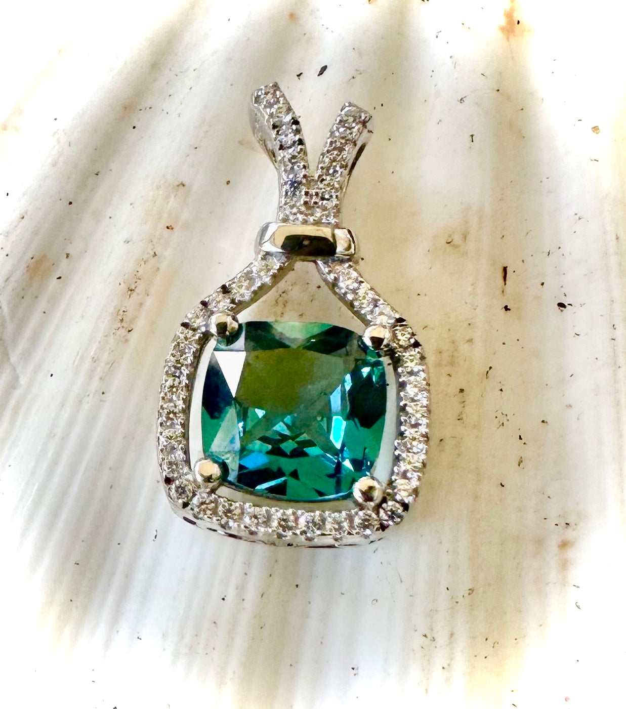 925 Sterling Silver Simulated Paraiba Tourmaline Cushion Cut Drop Pendant with Cubic Zirconia Halo Rhodium Plated