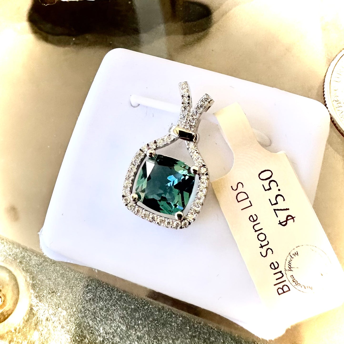 925 Sterling Silver Simulated Paraiba Tourmaline Cushion Cut Drop Pendant with Cubic Zirconia Halo Rhodium Plated