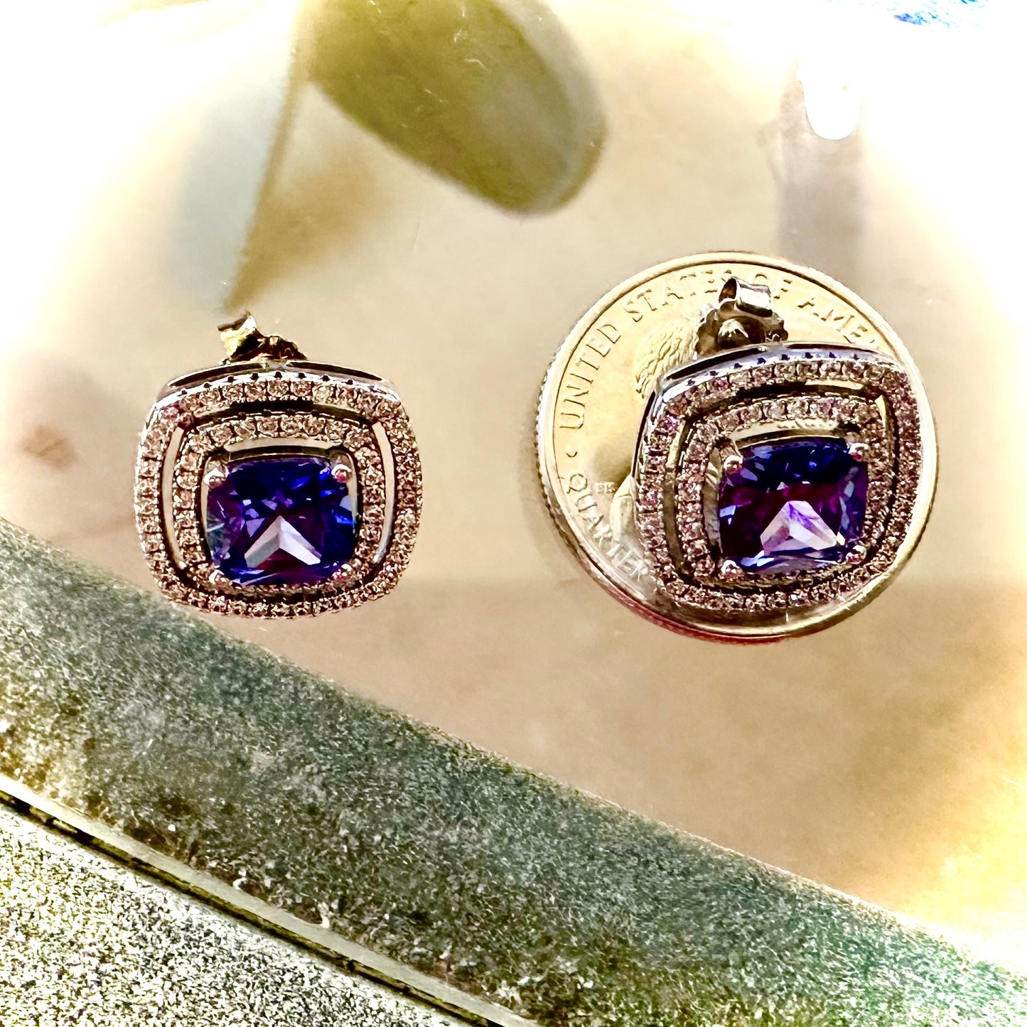 925 Sterling Silver Simulated Tanzanite Earrings in a Cubic Zirconia Double Halo Rhodium Plated